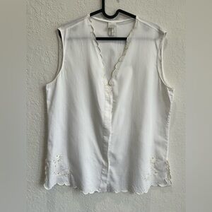 Natori 100% Cotton White Sleeveless Blouse with‎ Scalloped Edges Size Large